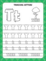 trace letras do alfabeto inglês e preencha as cores maiúsculas e minúsculas t. prática de caligrafia para planilha de crianças pré-escolares. vetor