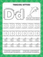 trace letras do alfabeto inglês e preencha as cores maiúsculas e minúsculas d. prática de caligrafia para planilha de crianças pré-escolares. vetor