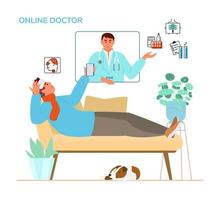 conceito de consulta médica on-line. homem doente deitado no sofá segurando smartphone conversando com médico por videoconferência. ícones médicos de sintomas e prescrições. ilustração vetorial plana. vetor