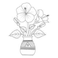 flor de hibisco com ilustração de página de coloração de vaso com traço de arte de linha de mão preto e branco desenhado vetor