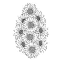 design de página de livro de colorir adulto de flor de margarida de desenho de linha preta lindo buquê de flores de margarida vetor
