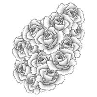 página de livro de colorir adulto de ilustração de rosa rosa com folhas e desenho a lápis vetor