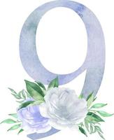 número floral azul aquarela - dígito 9 nove com composição de buquê de flores. número 9 com flores e vegetação vetor