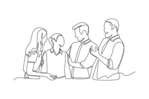 um desenho de linha contínua de jovens trabalhadores masculinos e femininos discutindo juntos sobre o projeto da empresa. conceito de coworking. única linha desenhar desenho ilustração gráfica de vetor. vetor