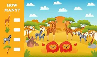 Planilha educacional imprimível para crianças com quantos quebra-cabeças, animais selvagens de safári no deserto com leões fofos vetor