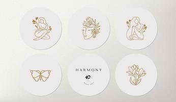 conjunto de ícones e emblemas para capas de notícias de mídia social com borboletas de ouro e flor feminina em um fundo branco. modelos de design para astrólogo de estúdio de ioga, turismo, salões de beleza vetor
