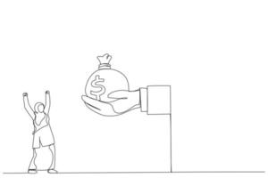 desenho de mão de chefe gigante dando pilha de moedas dinheiro para mulher muçulmana. metáfora para bônus em dinheiro, salário ou aumento de renda. um estilo de arte de linha contínua vetor