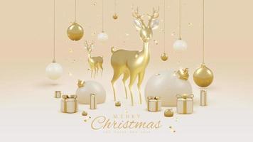 fundo de feliz natal de luxo com veado de ouro 3d realista com elemento de caixa de presente e decoração de bola e fita. ilustração vetorial. vetor