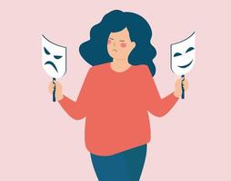 mulher tem transtorno bipolar segurando máscaras felizes e tristes. ilustração da doença de esquizofrenia e personalidade dividida. doença de saúde mental, dupla identidade e conceito de hipocrisia. ilustração vetorial. vetor