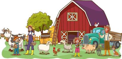 ilustração de fazenda familiar com mãe, pai, filhos, feno, vaca, porco, bezerro, vaca. paisagem rural do país com família feliz trabalhando na fazenda. fundo de aldeia com jovens alegres, moinho, galo, celeiro vetor