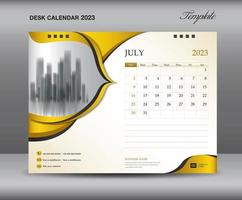 modelo de calendário 2023 no conceito luxuoso de fundos dourados, modelo de julho de 2023, design de calendário de mesa 2023, modelo de calendário de parede, planejador, mídia de impressão, anúncio, vetor