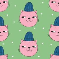 sem costura padrão com gato rosa fofo no chapéu de inverno. ilustração vetorial vetor