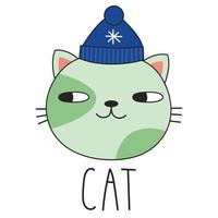 gato bonito com um chapéu de inverno e gato de letras. estilo doodle. ilustração vetorial vetor
