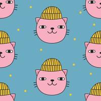 sem costura padrão com gato rosa fofo no chapéu de inverno. ilustração vetorial vetor