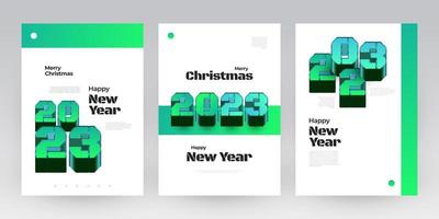 feliz ano novo 2023 cartaz conjunto com números 3d. modelo de design de ano novo para decoração, branding, banner, pôster, capa e cartão vetor