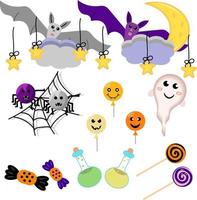 ambientado no tema do halloween. morcegos, aranhas. fantasmas, balões de monstros e doces. ilustração em vetor plana.