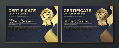 modelo de certificado com camadas onduladas azuis e douradas