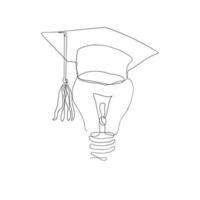 lâmpada de desenho de linha contínua com ilustração de símbolo de chapéu de formatura vetor