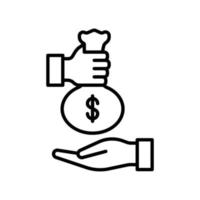 ícone de empréstimo ou caridade com saco de dinheiro e mãos no estilo de contorno preto vetor
