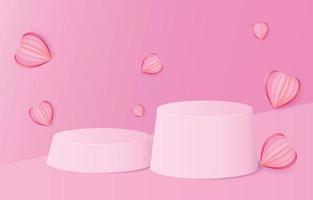 pódio de pedestal de cilindro 3d realista rosa com pano de fundo pastel. decorado com corações cortados em papel. plataforma geométrica de renderização de vetor abstrato. apresentação de exibição do produto. cena mínima.