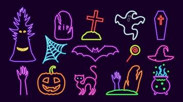 conjunto de halloween de férias de néon. morcego roxo sinistro e fantasmas com árvores mortas sombrias. mãos de homens mortos saindo de sepulturas verdes com teias de aranha e doces vetoriais festivos vetor