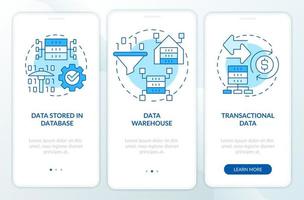 tipos de dados que podem ser extraídos da tela azul do aplicativo móvel de integração. iot passo a passo 3 etapas páginas de instruções gráficas com conceitos lineares. ui, ux, modelo de gui. vetor