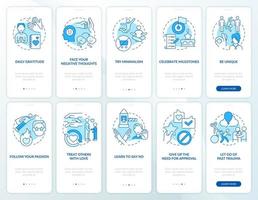 tendências de amor próprio e aceitação conjunto de telas de aplicativos móveis de integração azul. passo a passo 5 passos páginas de instruções gráficas com conceitos lineares. ui, ux, modelo de gui vetor