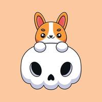 bonito crânio corgi halloween cartoon mascote doodle arte mão desenhada conceito vetor ilustração de ícone kawaii