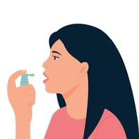 mulher usa ambientador. garota usando spray bucal para spray de aerossol de tratamento de infecção de garganta na mão. ilustração vetorial de hálito fresco vetor