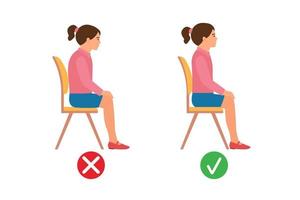posição sentada correta. infográficos médicos com a coluna vertebral de uma criança sentada errada e bem em uma cadeira. ilustração vetorial isolada vetor