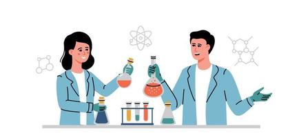 conceito de pesquisa científica. jovem e mulher com frascos fazem descobertas no campo da química. vetor