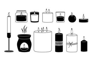 várias velas conjunto preto e branco. diferentes formas e tamanhos. vetor