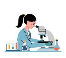 médica ou pesquisadora científica usando microscópio em laboratório vetor