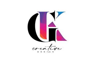 design de letra gk com corte criativo e textura colorida do arco-íris vetor
