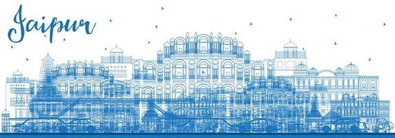 contorno do horizonte de jaipur com marcos azuis. vetor