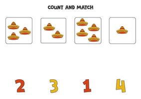 jogo de contagem para crianças. conte todos os chapéus mexicanos e combine com os números. planilha para crianças. vetor
