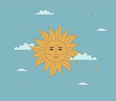 ilustração de um sol de contorno com um rosto no céu e nuvens. modelo de impressão, cartão postal, capa, logotipo. vetor