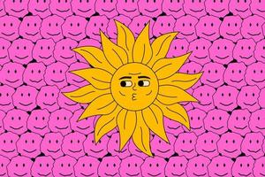 sol ácido no fundo de emojis sorridentes brilhantes. impressão hippie positiva. vetor