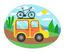 minivan de viagem com bicicleta no topo. ilustração vetorial isolado. vetor