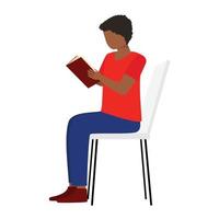 homem africano ou indiano sentado na cadeira e livro vermelho. ilustração vetorial. vetor