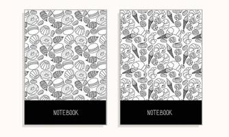 conjunto de capa para notebook com design doce em estilo doodle preto, branco. ilustração vetorial. vetor