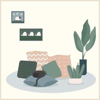 ilustração abstrata de gato, travesseiro e planta artesanal. vetor