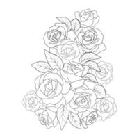 desenho de esboço de linha de página de coloração de flores de rosas vermelhas com ilustração decorativa anti-stress vetor