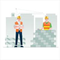 ilustração de um trabalhador da construção civil construindo uma parede vetor