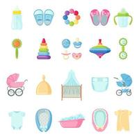 conjunto de brinquedos e roupas de objetos de bebê fofo. coleção de chá de bebê com brinquedos e roupas. ilustração vetorial. vetor
