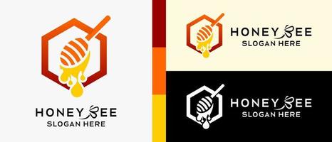 modelo de design de logotipo de abelha de mel com conceito de elementos criativos, colher de mel ou concha de mel no hexágono. ilustração de logotipo de vetor premium