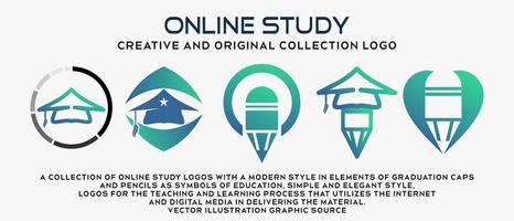uma coleção de designs de logotipos de estudo on-line em estilo moderno e simples, chapéu de formatura e elementos de lápis em um conceito criativo. ilustração de logotipo de educação vetorial premium vetor