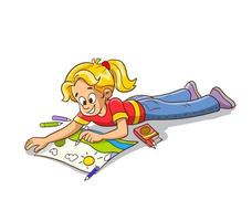 menina deitada no chão pintando ilustração vetorial de desenho animado vetor