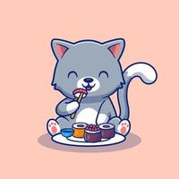 gato bonito comendo ilustração de ícone do vetor dos desenhos animados de sushi. animal e comida ícone conceito isolado vetor premium. estilo de desenho animado plano
