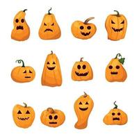 um conjunto de abóboras em um fundo branco. abóbora laranja com emoções para seu projeto para o feriado de halloween. ilustração vetorial em estilo cartoon. férias de outono. vetor